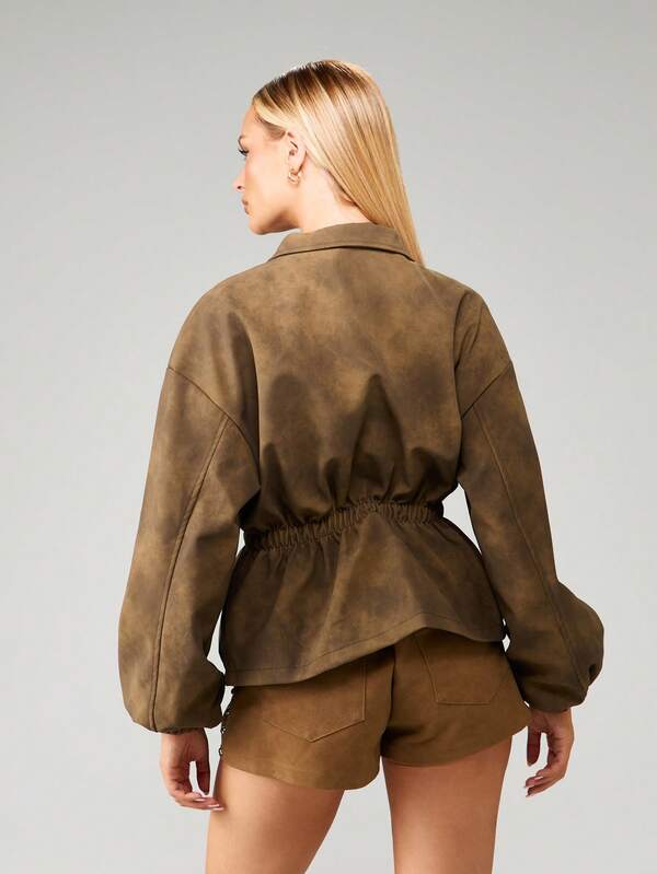 Missguided MISSGUIDED Suede Utility Jacket With Elastic Waist And Zip Front