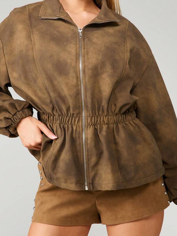 Missguided MISSGUIDED Suede Utility Jacket With Elastic Waist And Zip Front