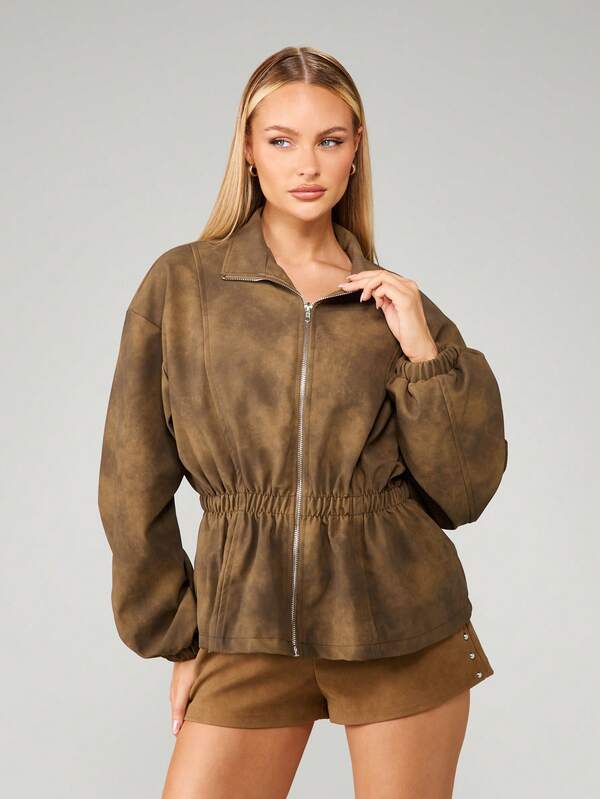 missguided MISSGUIDED Suede Utility Jacket With Elastic Waist And Zip Front