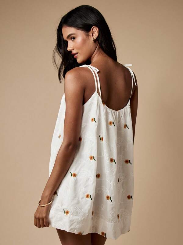 Missguided MISSGUIDED Sunflower Embroidered Mini Swing Dress Tie Shoulder A-Line