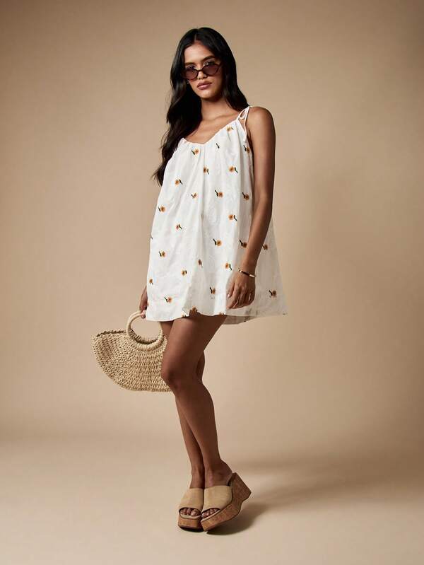 Missguided MISSGUIDED Sunflower Embroidered Mini Swing Dress Tie Shoulder A-Line