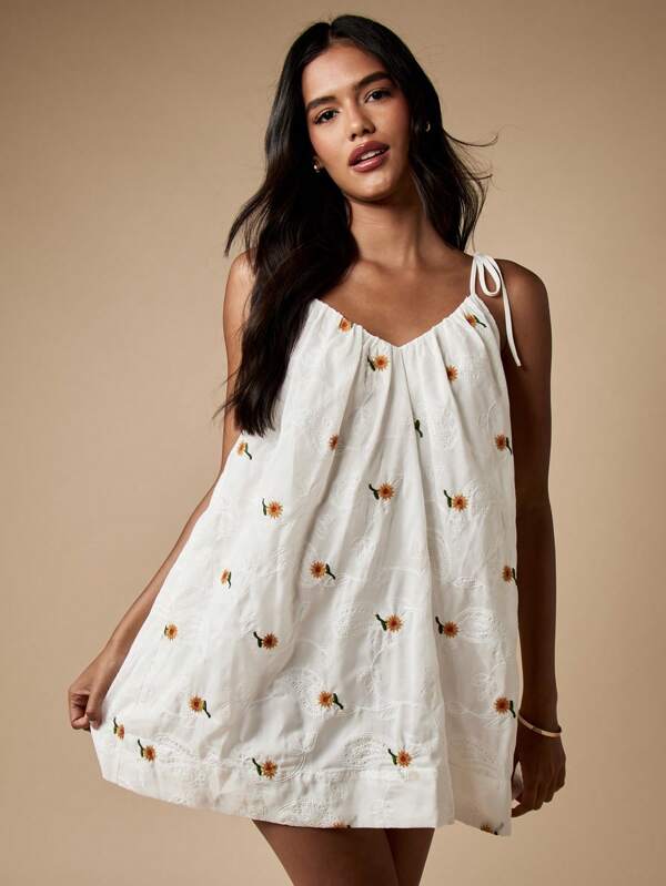 missguided MISSGUIDED Sunflower Embroidered Mini Swing Dress Tie Shoulder A-Line