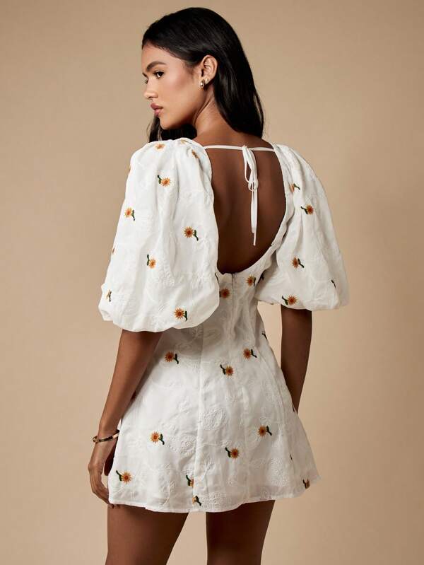 Missguided MISSGUIDED Sunflower Embroidered Puff Sleeves Square Neck Mini Dresses