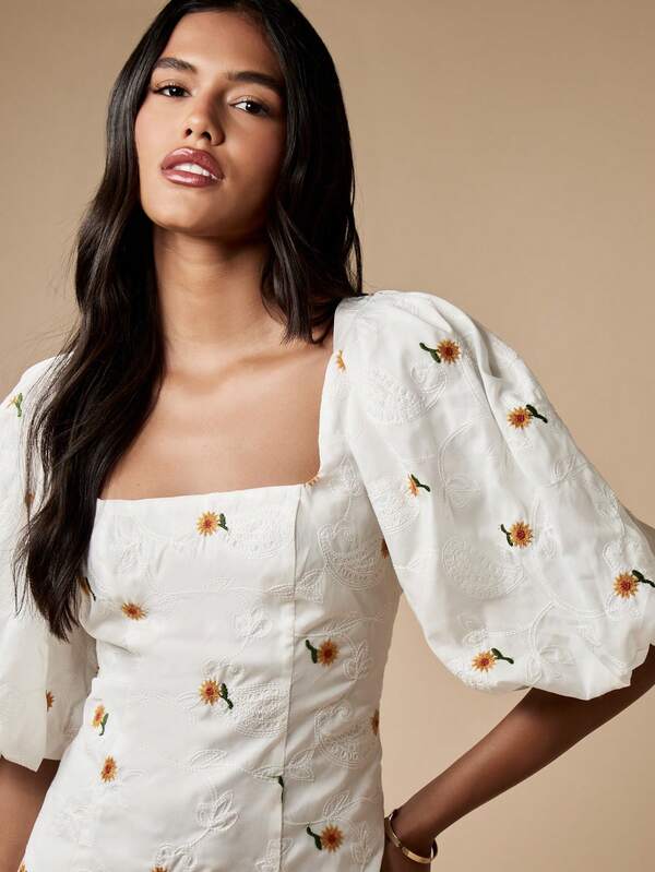 Missguided MISSGUIDED Sunflower Embroidered Puff Sleeves Square Neck Mini Dresses