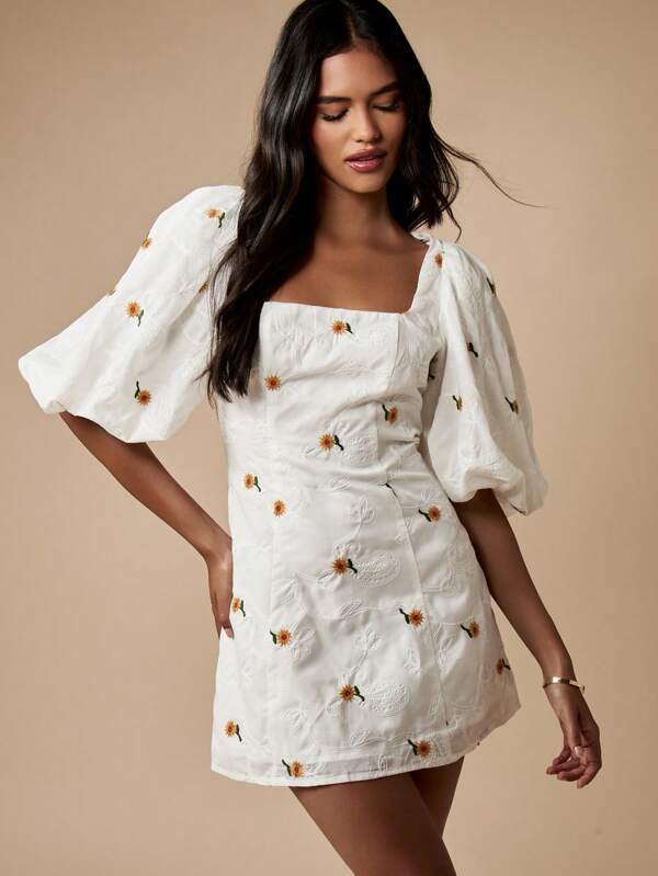 missguided MISSGUIDED Sunflower Embroidered Puff Sleeves Square Neck Mini Dresses