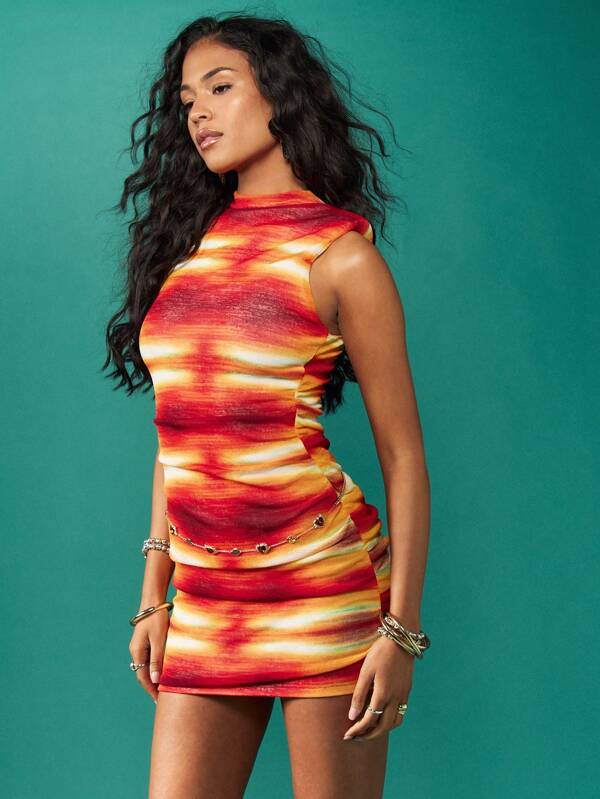 missguided MISSGUIDED Sunset Tie Dye Ruched Bodycon Mini Dress