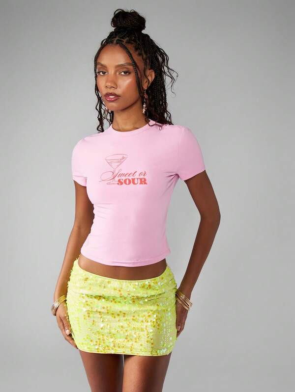 Missguided MISSGUIDED Sweet Or Sour Martini Short Sleeve Fitted Crop Top