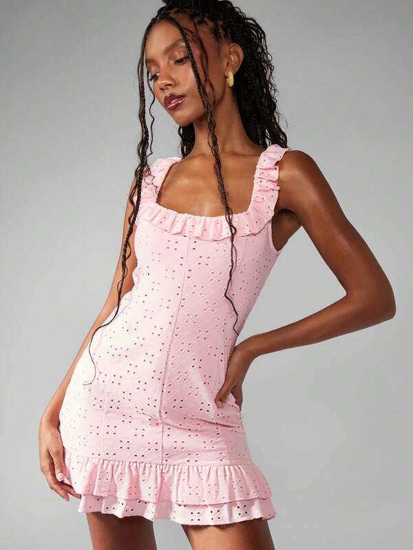 Missguided MISSGUIDED Sweetheart Broderie Anglaise Ruffle Trim Mini Dress