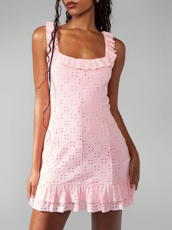 missguided MISSGUIDED Sweetheart Broderie Anglaise Ruffle Trim Mini Dress