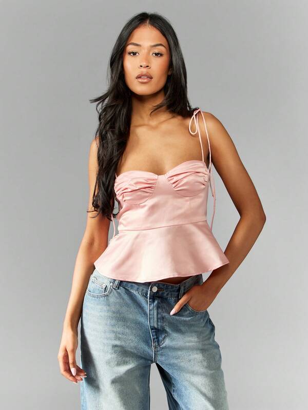 Missguided MISSGUIDED Sweetheart Neckline Bustier Corset Style Peplum Tie Shoulder Cami Top