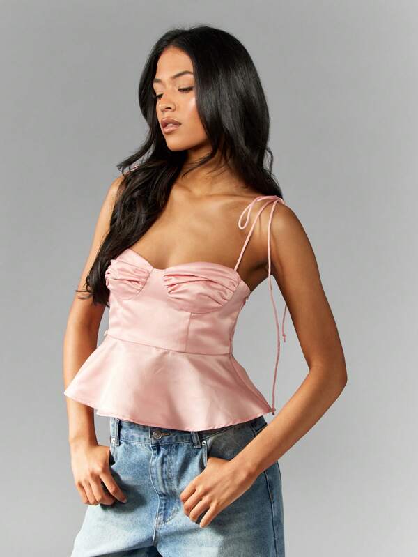 missguided MISSGUIDED Sweetheart Neckline Bustier Corset Style Peplum Tie Shoulder Cami Top