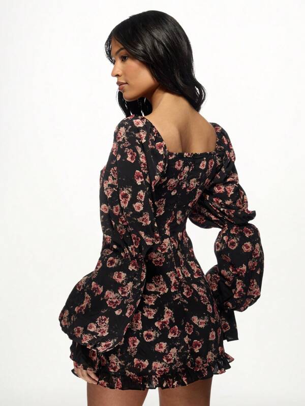 Missguided MISSGUIDED Sweetheart Neckline Puff Sleeve Floral Print Mini Dress