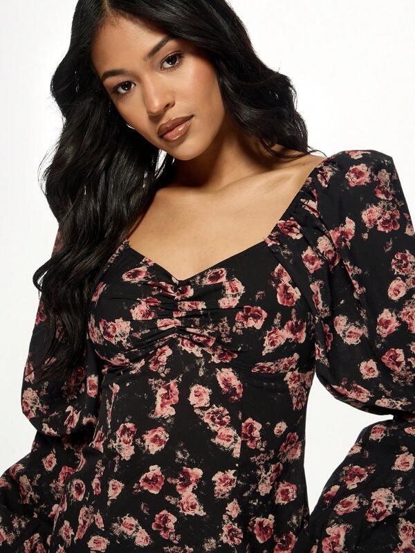 Missguided MISSGUIDED Sweetheart Neckline Puff Sleeve Floral Print Mini Dress