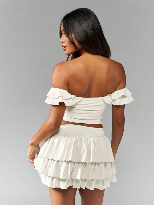Missguided MISSGUIDED Sweetheart Neckline Ruffle Short Sleeve Off Shoulder Crop Top