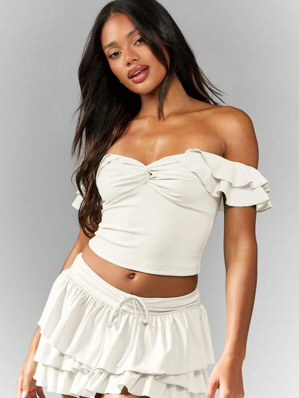 Missguided MISSGUIDED Sweetheart Neckline Ruffle Short Sleeve Off Shoulder Crop Top
