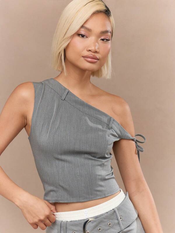 Missguided MISSGUIDED Tailored Asymmetric Neckline Tie Off-Shoulder Top