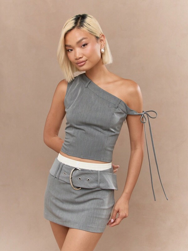 missguided MISSGUIDED Tailored Asymmetric Neckline Tie Off-Shoulder Top