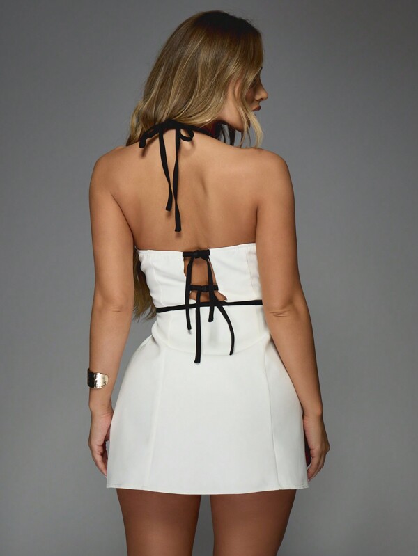 Missguided MISSGUIDED Tailored Contrast Bow Detail Halter Neck Strap Fit And Flare Mini Dress