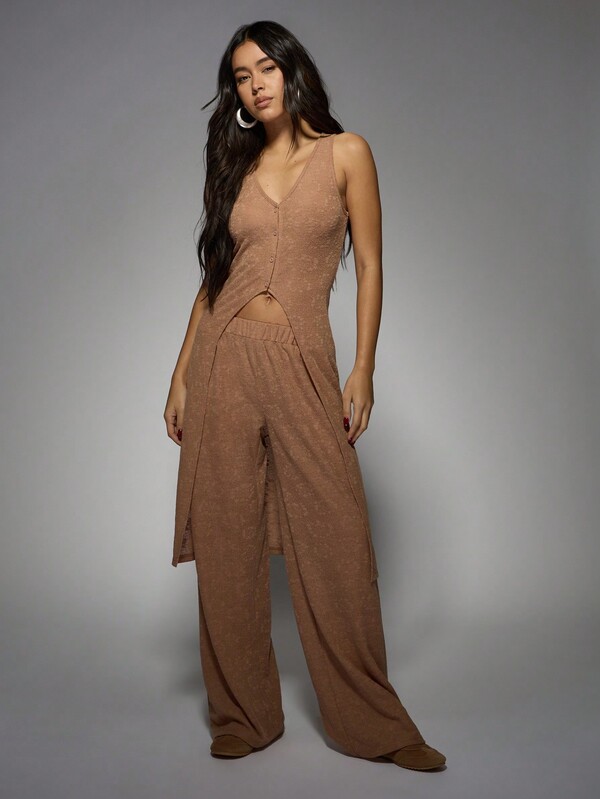 Missguided MISSGUIDED Terry Cloth Button-Front Cardigan Wide Leg Pants Outfit