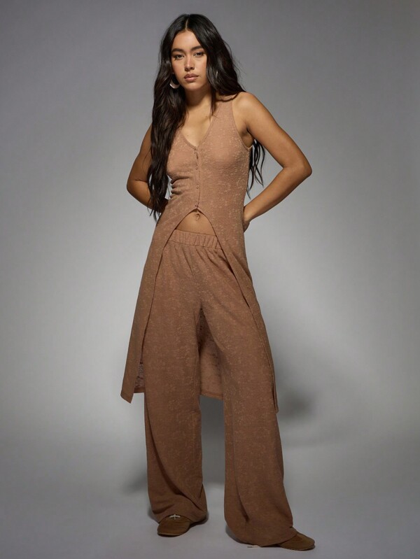 missguided MISSGUIDED Terry Cloth Button-Front Cardigan Wide Leg Pants Outfit
