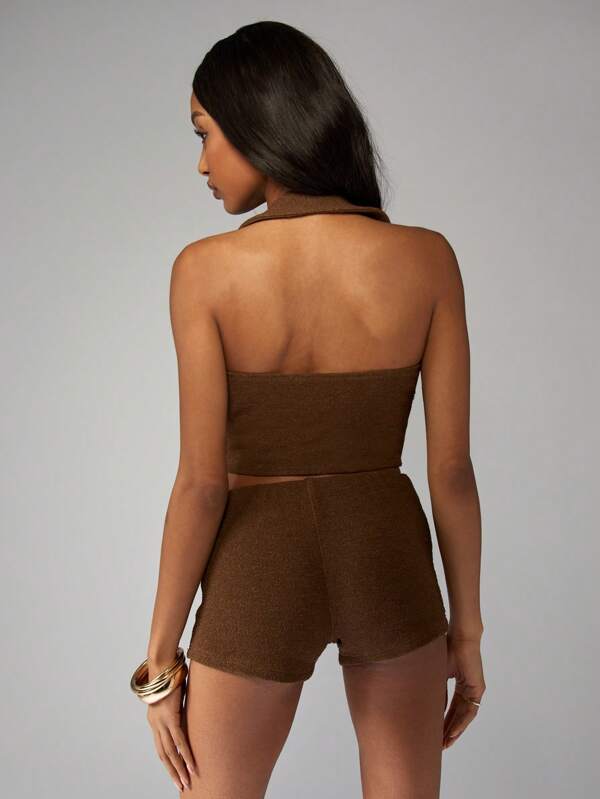 Missguided MISSGUIDED Terry Cloth Halter Neck Crop Top Biker Shorts Two-Piece Set