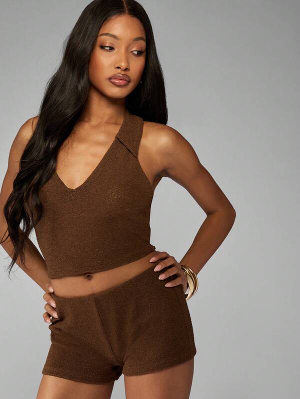 Missguided MISSGUIDED Terry Cloth Halter Neck Crop Top Biker Shorts Two-Piece Set