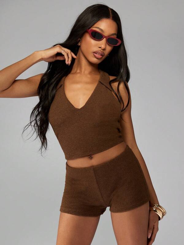 missguided MISSGUIDED Terry Cloth Halter Neck Crop Top Biker Shorts Two-Piece Set