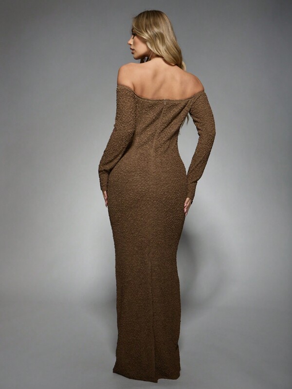 Missguided MISSGUIDED Texture Bardot Long Sleeve Maxi Dress