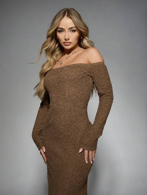 Missguided MISSGUIDED Texture Bardot Long Sleeve Maxi Dress