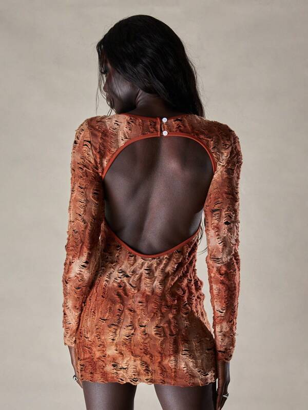 Missguided MISSGUIDED Texture Distressed Long Sleeves Bodycon Mini Dress