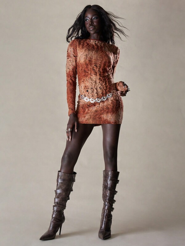 Missguided MISSGUIDED Texture Distressed Long Sleeves Bodycon Mini Dress