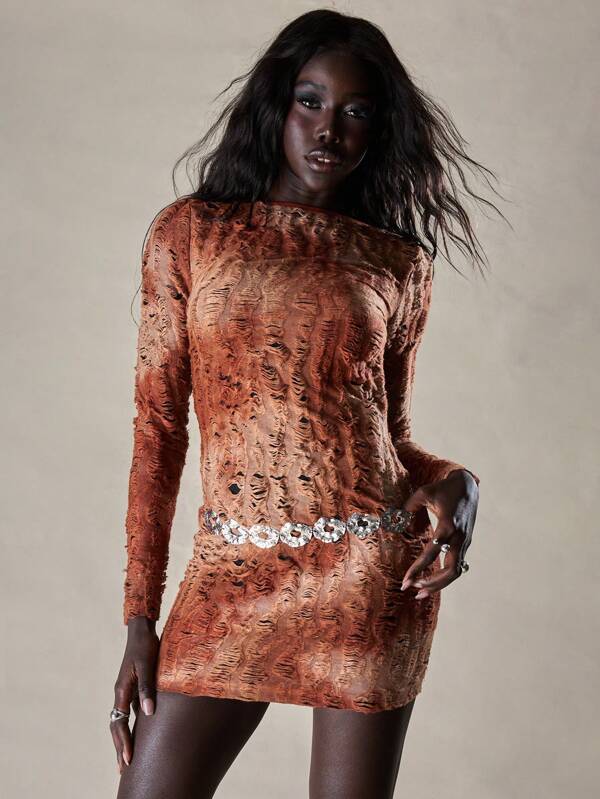 missguided MISSGUIDED Texture Distressed Long Sleeves Bodycon Mini Dress