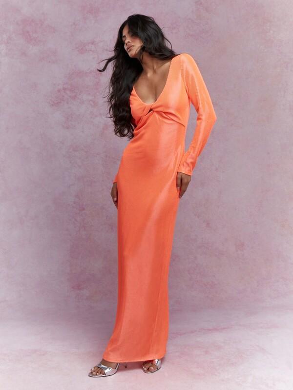 Missguided MISSGUIDED Texture Twist Front Plunge Neck Long Sleeve Bodycon Maxi Dress