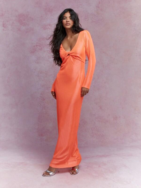 missguided MISSGUIDED Texture Twist Front Plunge Neck Long Sleeve Bodycon Maxi Dress