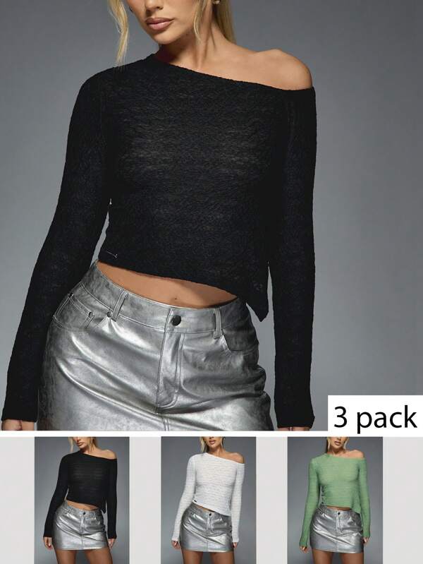 missguided MISSGUIDED Textured Asymmetric Long Sleeves Fitted Top Pack Of 3