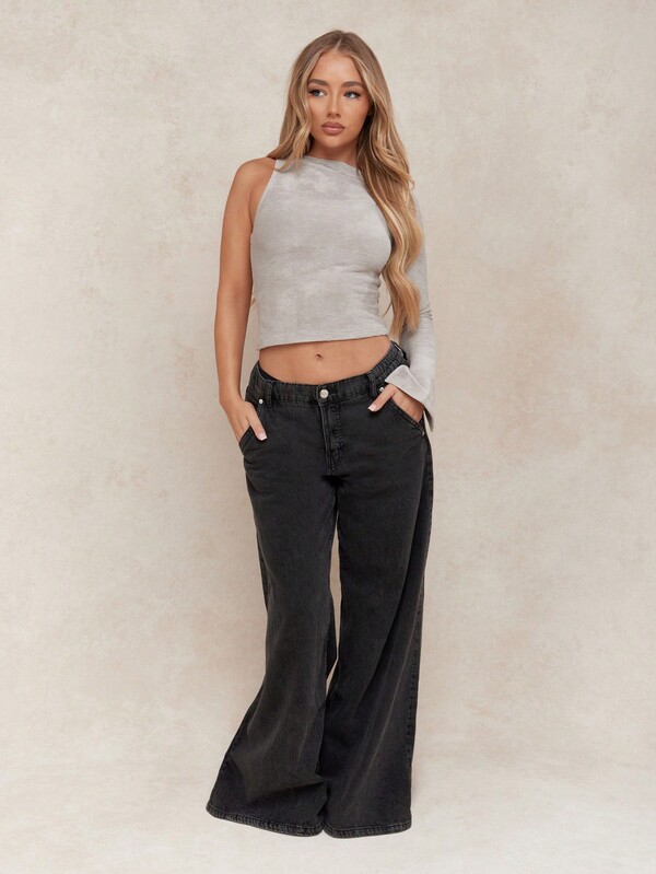 Missguided MISSGUIDED Textured Asymmetric One Long Sleeve Fitted Top