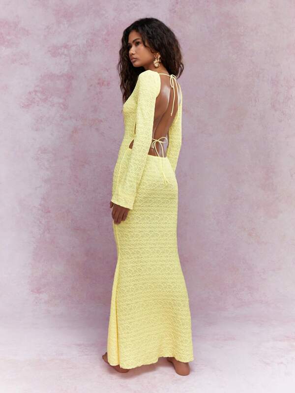Missguided MISSGUIDED Textured Backless Long Sleeves Mermaid Hem Maxi Dress