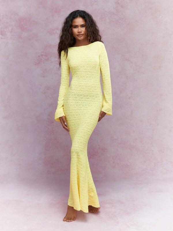 Missguided MISSGUIDED Textured Backless Long Sleeves Mermaid Hem Maxi Dress
