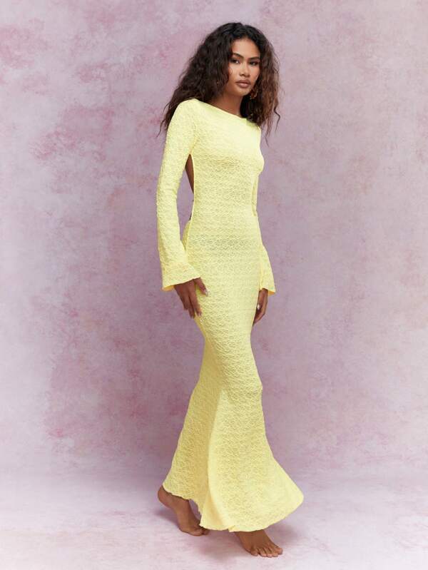 missguided MISSGUIDED Textured Backless Long Sleeves Mermaid Hem Maxi Dress