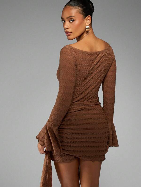 Missguided MISSGUIDED Textured Bell Sleeve Mini Dress With Side Tie Detail