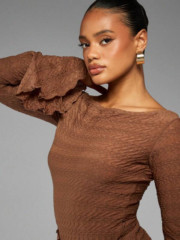 Missguided MISSGUIDED Textured Bell Sleeve Mini Dress With Side Tie Detail