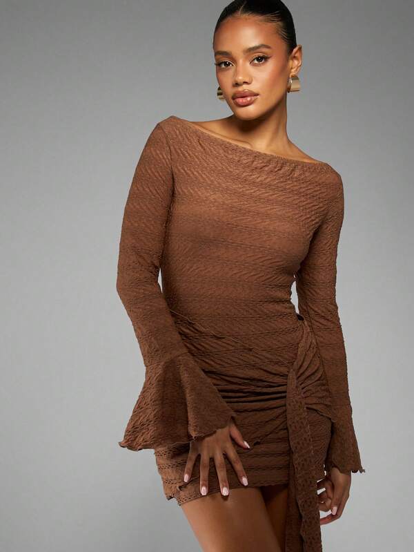 missguided MISSGUIDED Textured Bell Sleeve Mini Dress With Side Tie Detail