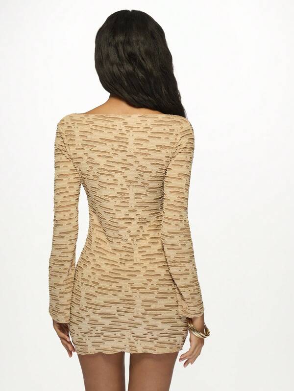 Missguided MISSGUIDED Textured Bodycon Long Sleeve Ruched Fitted Stretch Dress