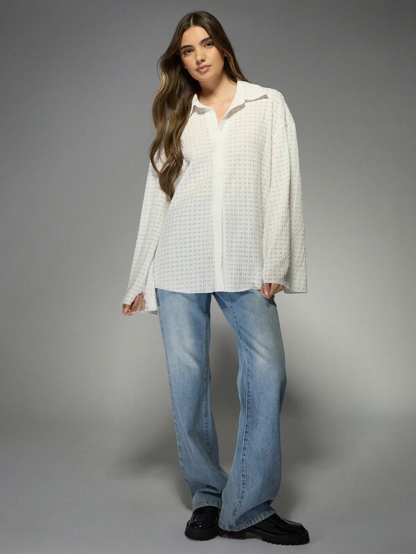 Missguided MISSGUIDED Textured Button-Down Bell Sleeve Oversized Blouse