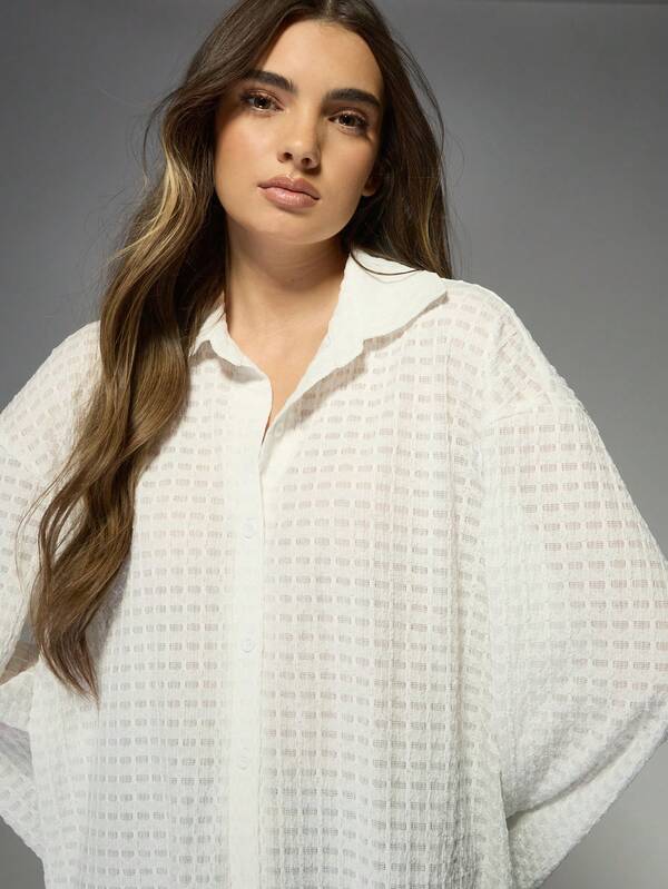 Missguided MISSGUIDED Textured Button-Down Bell Sleeve Oversized Blouse