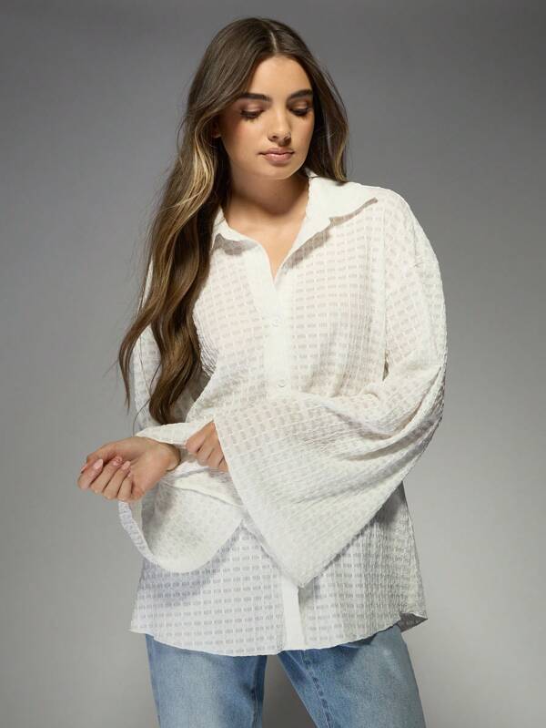 missguided MISSGUIDED Textured Button-Down Bell Sleeve Oversized Blouse