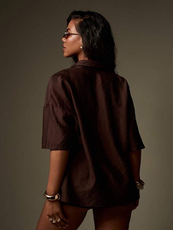 Missguided MISSGUIDED Textured Button Down Shirt Cover Up High Waist Shorts Two Piece Outfit