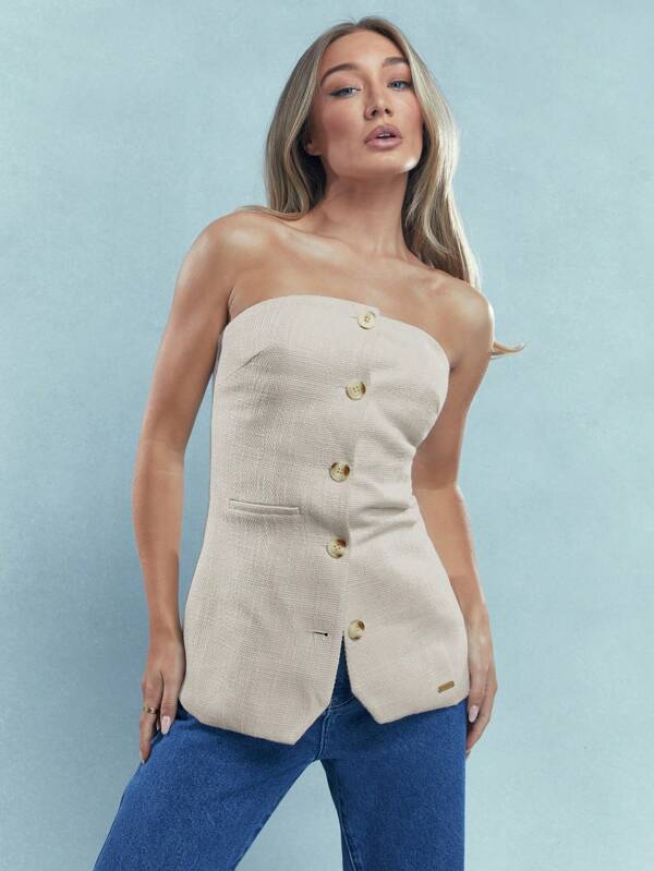 missguided MISSGUIDED Textured Buttoned Bandeau Vest Top With Pocket Details