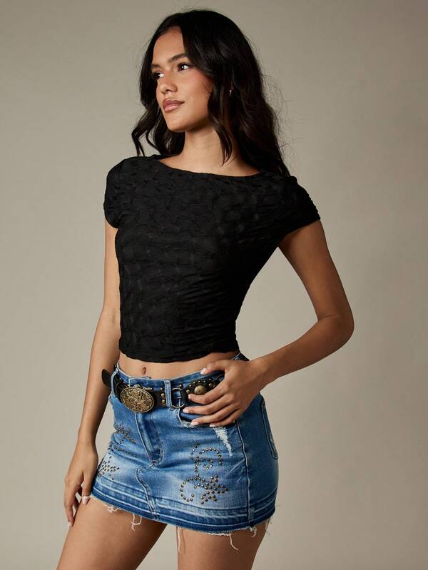 Missguided MISSGUIDED Textured Cap Sleeve Crop Top With Boat Neckline