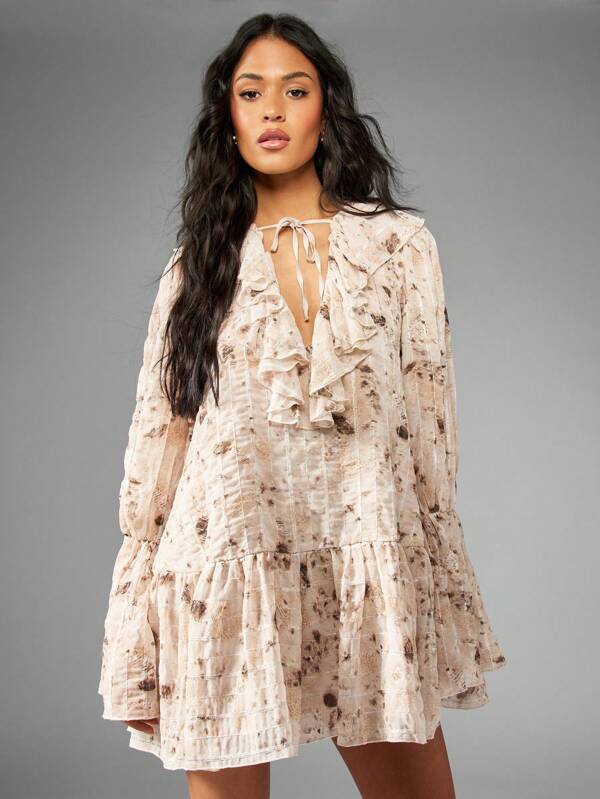 missguided MISSGUIDED Textured Chiffon Smocked Tiered Mini Dress